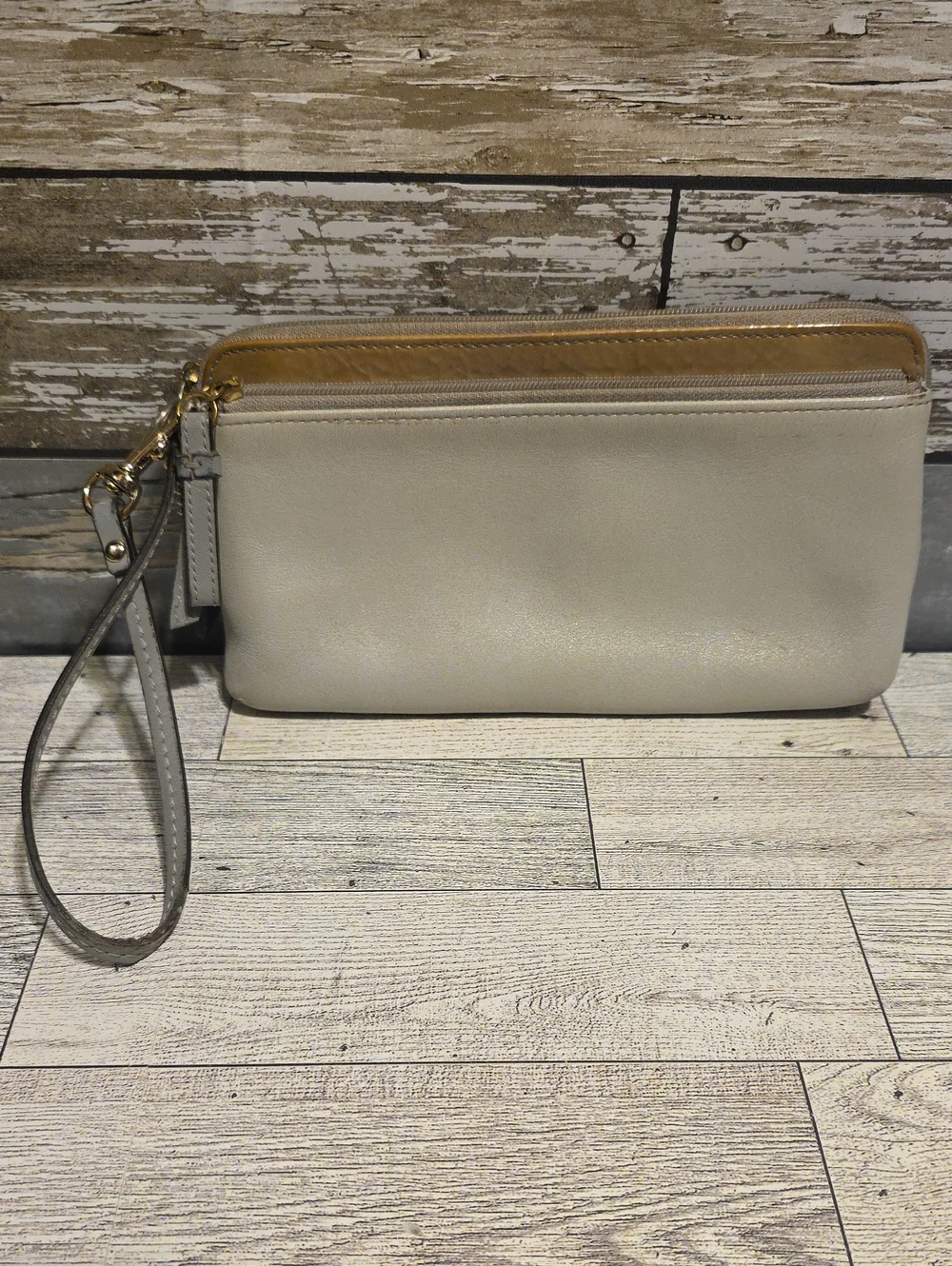 Coach Cream and Tan Leather Wristlet Clutch